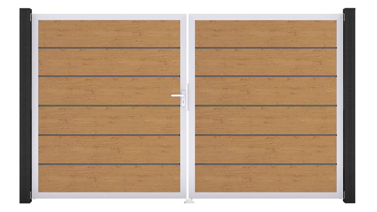 planeo Gardence Simply Premium - Portail en PVC à deux vantaux, finition chêne naturel, avec cadre en aluminium, 300 x 180 cm