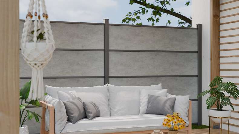 planeo Gardence Resistant - Clôture à emboîter HPL gris béton 180 x 183 cm