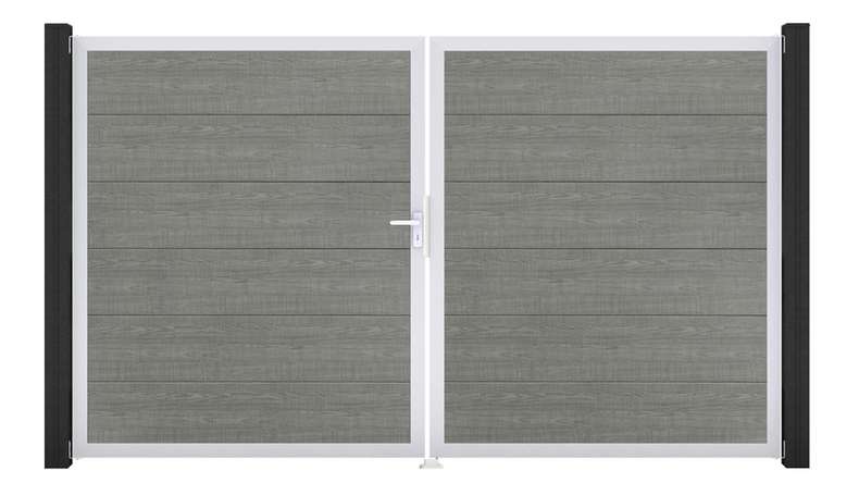 planeo Gardence Simply - Portail en PVC à deux battants « Grey Ash Cut » avec cadre en aluminium
