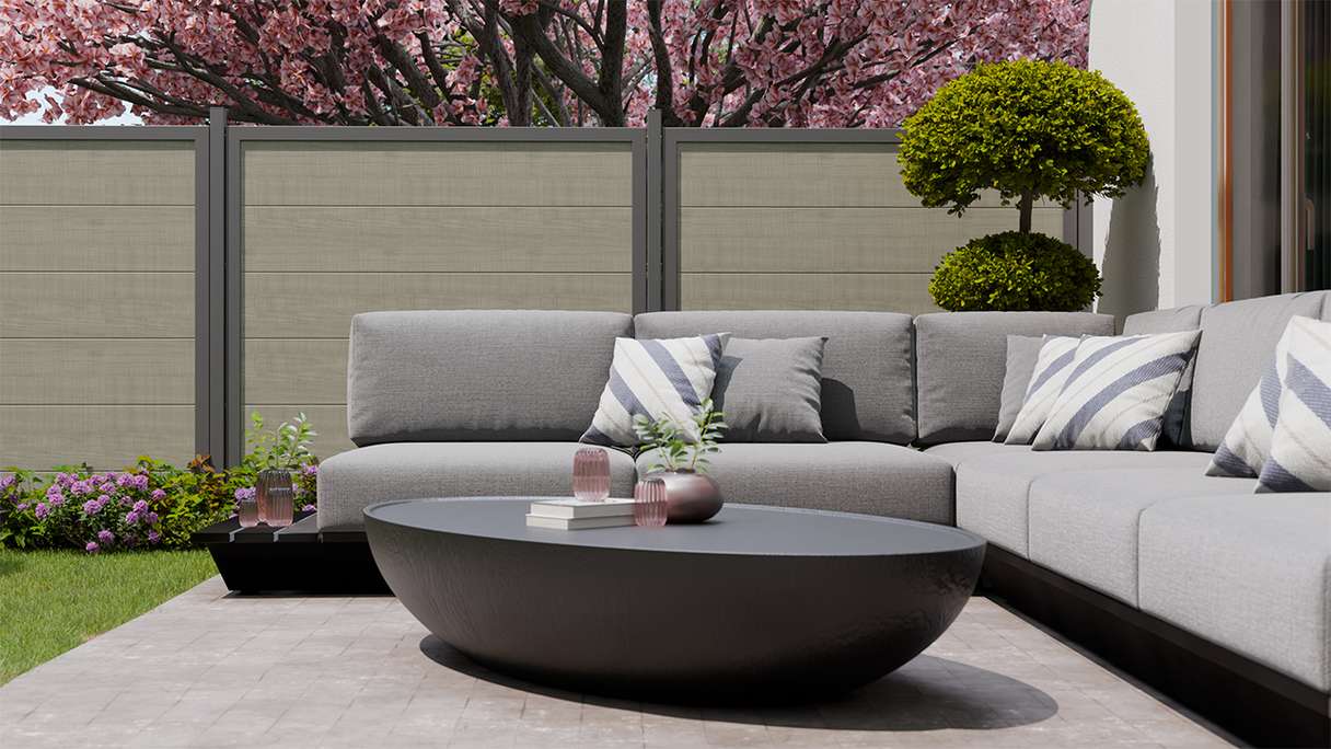 planeo Gardence Simply Guard - Recinzione da giardino in PVC Grigio Frassino Tagliato con telaio in alluminio antracite 180 x 180 cm