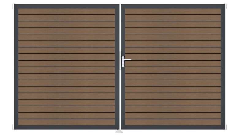 planeo Gardence Trendy - Porte en BPC rhombique - DIN droite 2 vantaux teck co-ex avec cadre alu anthracite | DB703