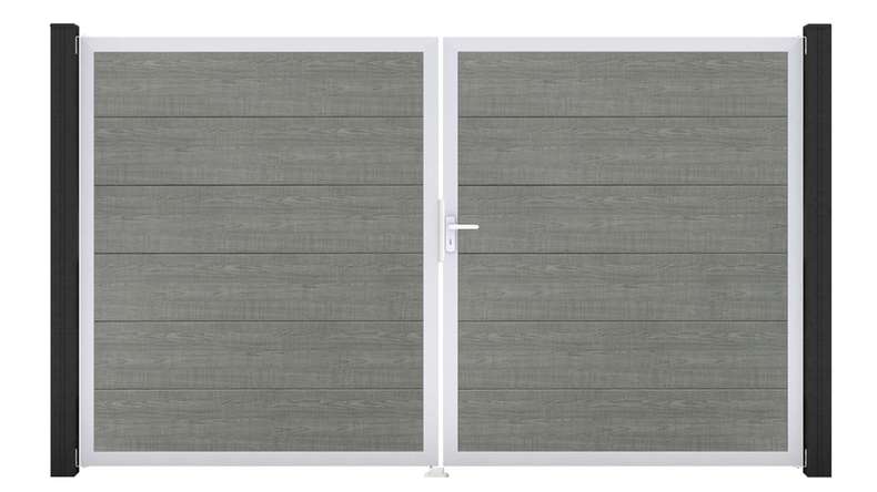 planeo Gardence Simply - Portail en PVC à deux battants « Grey Ash Cut » avec cadre en aluminium