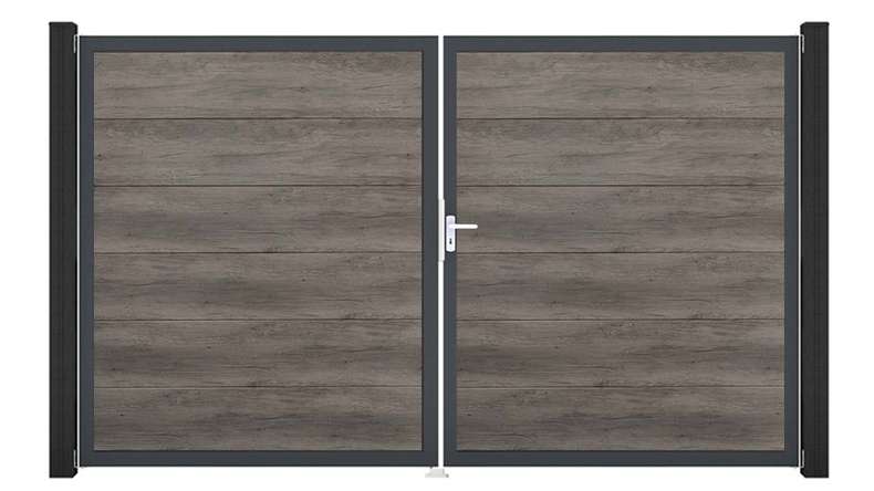 planeo Gardence Simply - Portail en PVC à deux vantaux, coloris Monument Oak, avec cadre en aluminium