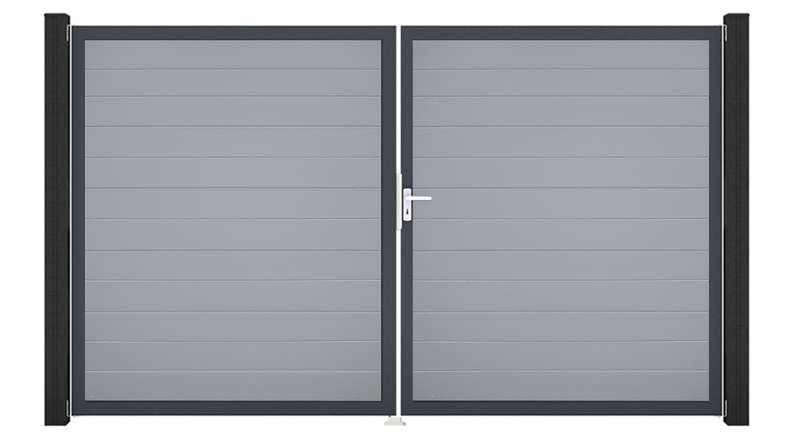 planeo Gardence Simply Small - Portail en PVC à deux vantaux, gris argenté, avec cadre en aluminium, 300 x 180 cm