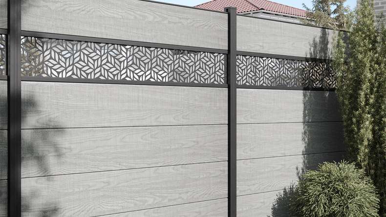 planeo Gardence Simply - Clôture PVC à emboîter Carré Grey Ash Cut Oak 180x180 cm