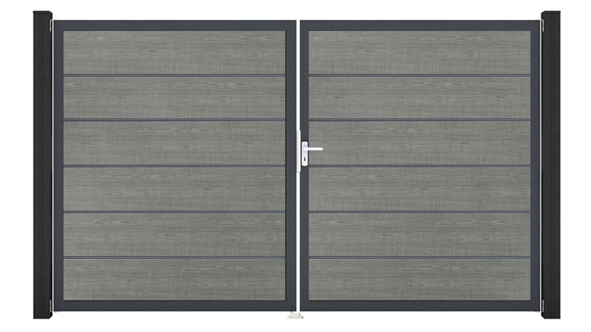 planeo Gardence Simply Premium - Portail en PVC à deux vantaux « Grey Ash Cut » avec cadre en aluminium, 300 x 180 cm