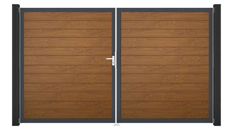 planeo Gardence Simply Small - PVC-Tor 2-flügelig Golden Oak mit Alurahmen 300 x 180 cm