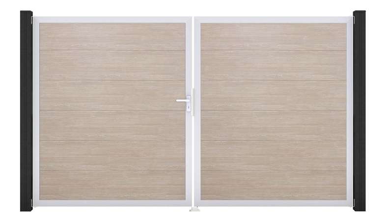 planeo Gardence Simply - PVC-Tor - DIN Links 2-flügelig Sheffield Oak mit Silber-Alurahmen