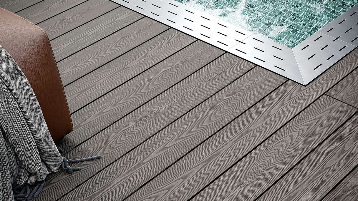 planeo SolidWood WPC-Terrasse Komplett-Set Massivdiele - Hellgrau französisch/strukturiert