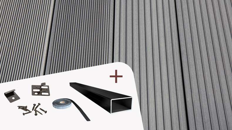 Ensemble complet TitanWood 4m de planche à âme creuse structure rainurée gris clair 8,8m² incl. aluminium-UK
