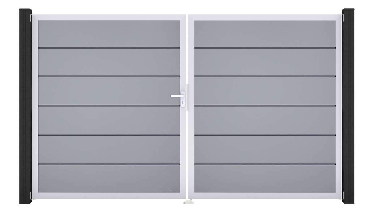 planeo Gardence Simply Premium - Portail en PVC à deux vantaux, gris argenté, avec cadre en aluminium, 300 x 180 cm