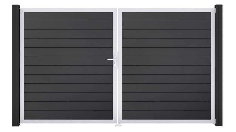 planeo Gardence Simply Small - PVC-Tor - DIN Links 2-flügelig Anthrazitgrau mit Silber-Alurahmen | EV1 300 x 180 cm