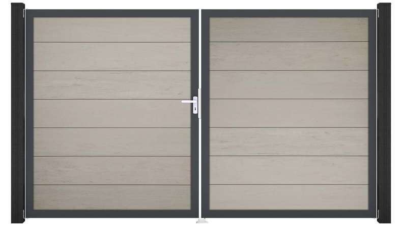 planeo Gardence Strong XL - Portail BPC - À deux vantaux, bicolore « Sand », avec cadre en aluminium