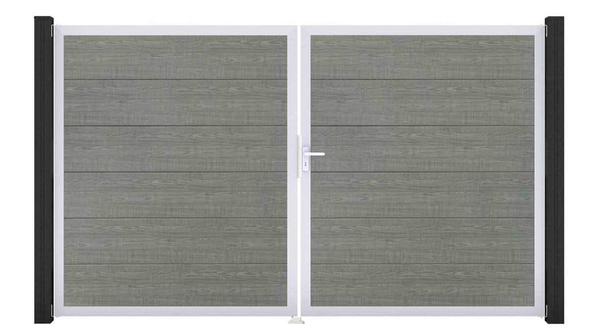 planeo Gardence Simply - PVC-Tor - DIN Rechts 2-flügelig Grey Ash Cut mit Silber-Alurahmen