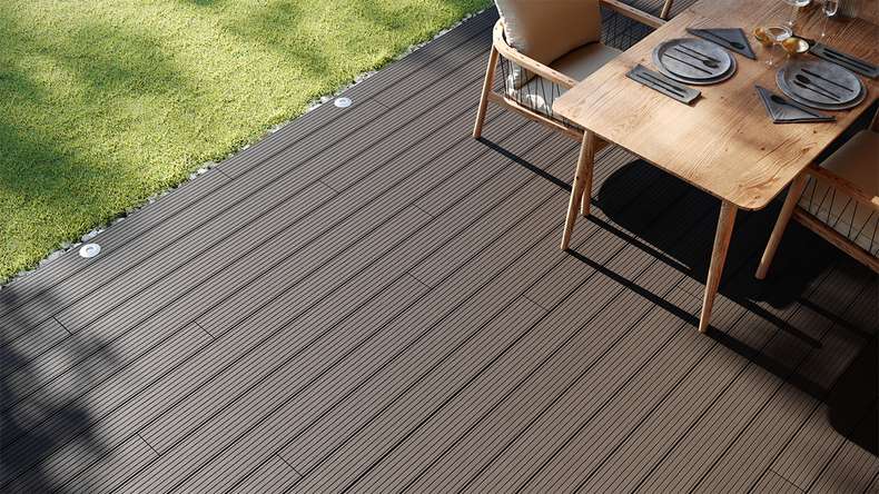 planeo LightWood Kit complet de terrasse WPC à lames creuses - gris clair rainuré/cannelé