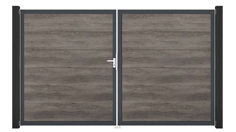 planeo Gardence Simply - Portail en PVC à deux vantaux, coloris Monument Oak, avec cadre en aluminium