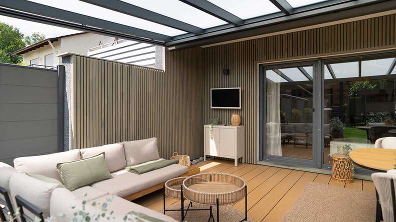 planeo MAXLine Nature - WPC CoEx lame de terrasse XL gainée chambre creuse - sable 3m structuré/lisse brossé