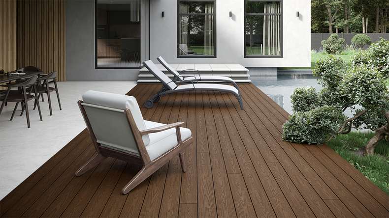 planeo CoEXWood WPC Terrassendiele Massiv ummantelt - Hellbraun/Dunkelbraun 3m strukturiert