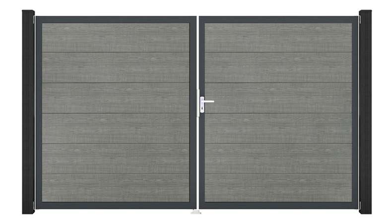 planeo Gardence Simply - Portail en PVC à deux battants « Grey Ash Cut » avec cadre en aluminium