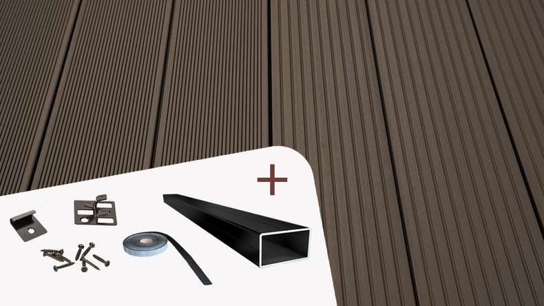 planeo Kit complet TitanWood 5m de structure en lames creuses rainurées brun foncé 55,5m² incl. Alu-UK
