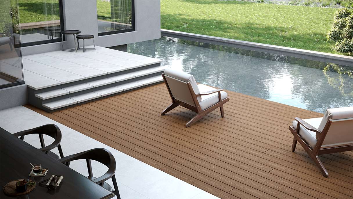 planeo CoEXWood Kit complet de terrasse en WPC Plancher massif - Sable/Caramel structuré