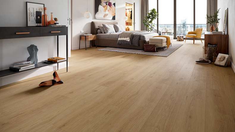 planeo Vinile rigido a incastro - HOMEtec Pro 50 IXPE Rovere sabbia calda | Isolamento acustico integrato (RP-E50-5)