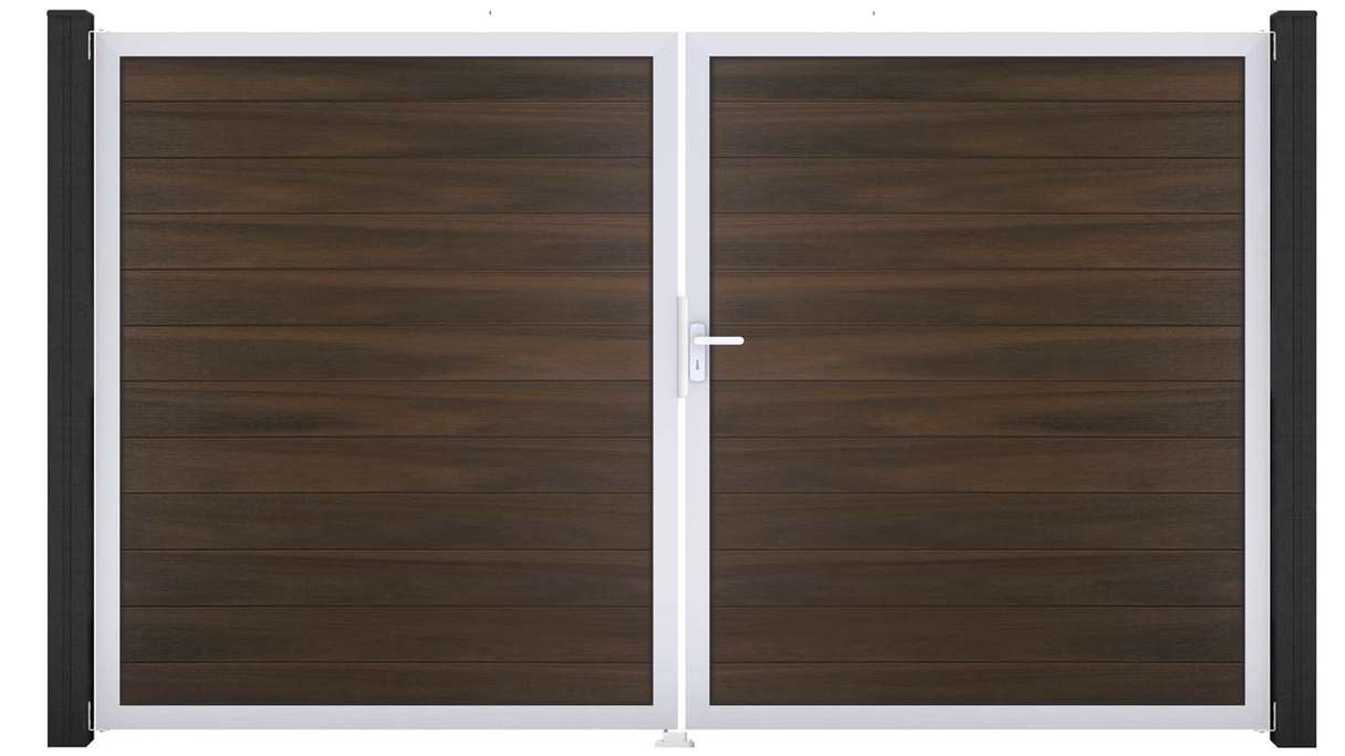 planeo Gardence Strong - Cancello BPC - a 2 ante, noce co-ex con telaio in alluminio