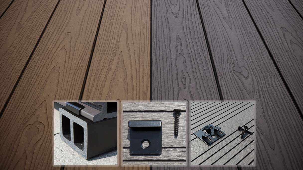 planeo CoEXWood Kit complet de terrasse en WPC Plancher massif - brun clair/brun foncé structuré