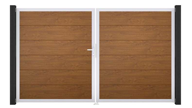 planeo Gardence Simply - Porte PVC DIN gauche 2 vantaux Golden Oak avec cadre en aluminium argenté