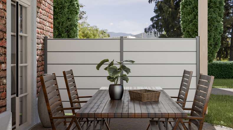 planeo Gardence Simply Premium - PVC-Steckzaun Weiss mit Lisenen in Anthrazit 180 x 180 cm