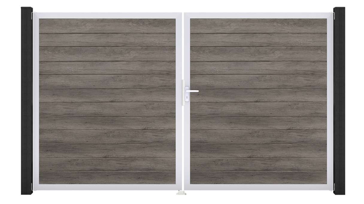 planeo Gardence Simply Small - Portail en PVC à deux vantaux, couleur Monument Oak, avec cadre en aluminium, 300 x 180 cm
