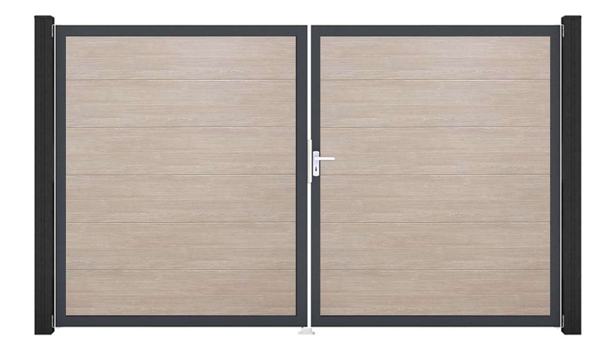 planeo Gardence Simply - Cancello in PVC a 2 ante Sheffield Oak con telaio in alluminio 