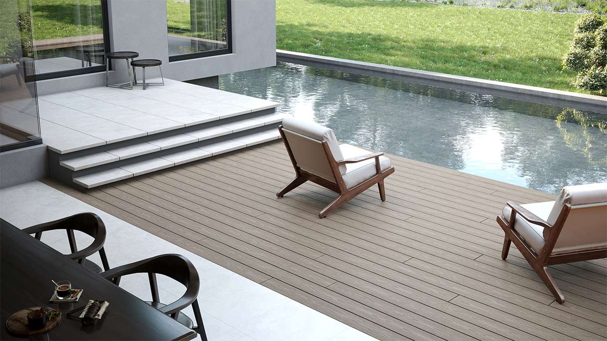 planeo CoEXWood Kit complet de terrasse en WPC Plancher massif - gris anthracite/gris brun structuré