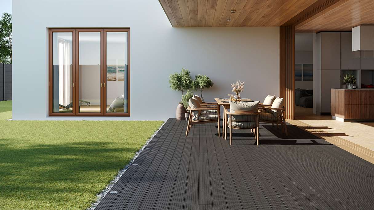 planeo LightWood Kit complet de terrasse WPC à lames creuses - gris foncé rainuré/cannelé