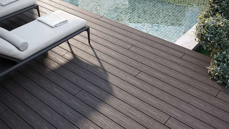 planeo CoEXWood Kit complet de terrasse en WPC Plancher massif - brun clair/brun foncé structuré