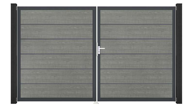 planeo Gardence Simply Premium - Cancello in PVC a 2 ante Grey Ash Cut con telaio in alluminio 300 x 180 cm