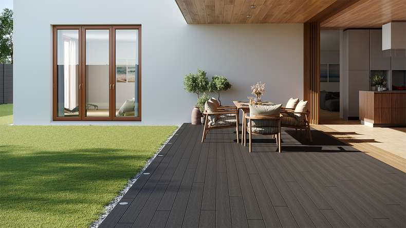 planeo LightWood Kit complet de terrasse WPC à lames creuses - gris foncé rainuré/cannelé