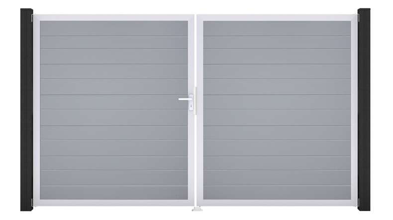 planeo Gardence Simply Small - Portail en PVC à deux vantaux, gris argenté, avec cadre en aluminium, 300 x 180 cm