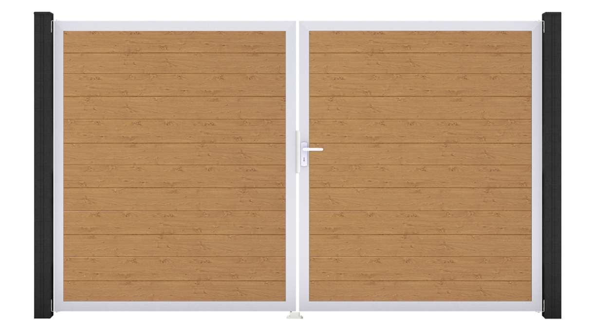 planeo Gardence Simply Small - Portail en PVC à deux battants, finition chêne naturel, avec cadre en aluminium, 300 x 180 cm