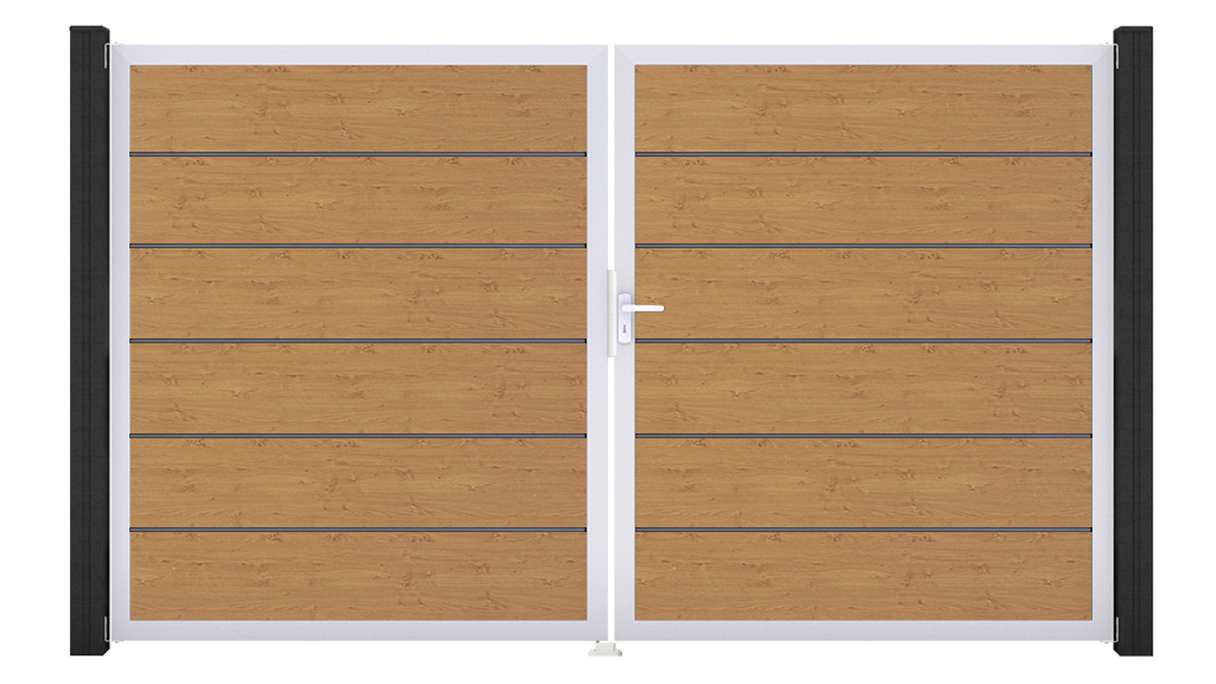 planeo Gardence Simply Premium - Portail en PVC à deux vantaux, finition chêne naturel, avec cadre en aluminium, 300 x 180 cm