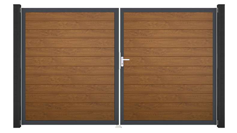 planeo Gardence Simply Small - PVC-Tor - DIN Rechts 2-flügelig Golden Oak mit Anthrazit-Alurahmen | DB703 300 x 180 cm