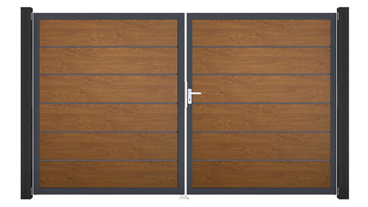 planeo Gardence Simply Premium - Portail en PVC à deux battants, coloris Golden Oak, avec cadre en aluminium, 300 x 180 cm