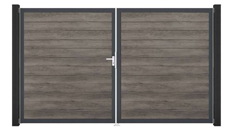 planeo Gardence Simply Small - Cancello in PVC a 2 ante, finitura Monument Oak con telaio in alluminio, 300 x 180 cm
