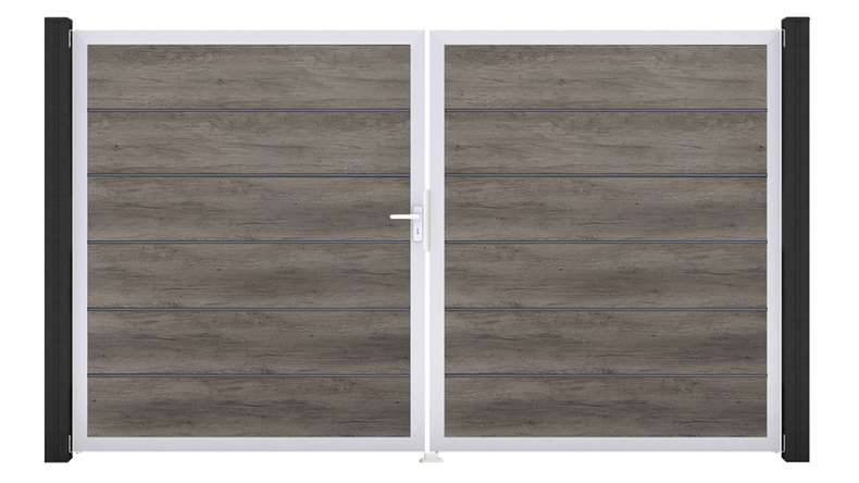 planeo Gardence Simply Premium - Cancello in PVC a 2 ante, finitura Monument Oak con telaio in alluminio, 300 x 180 cm