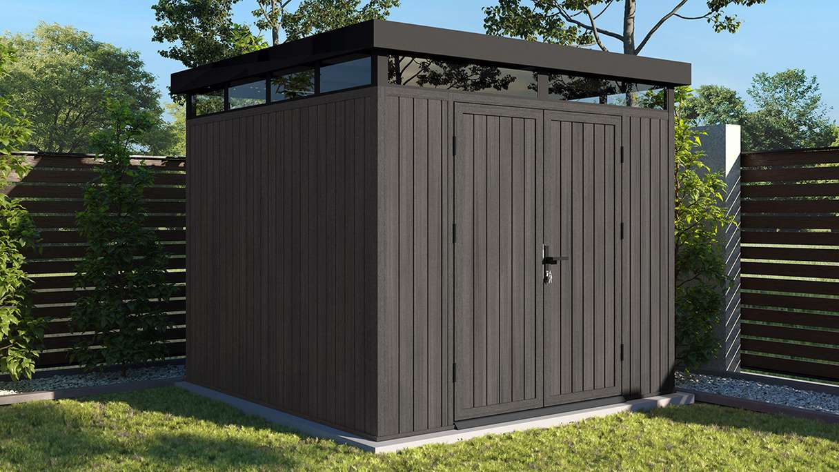 planeo WPC CoEx Flachdach Gartenhaus M - Dunkelgrau 250 x 250 x 226.5 cm