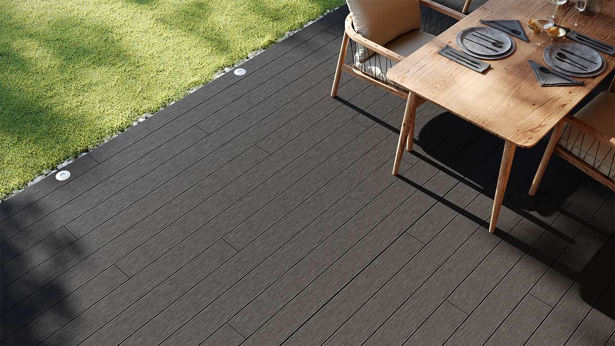 planeo LightWood Kit complet de terrasse WPC à lames creuses - gris foncé rainuré/cannelé