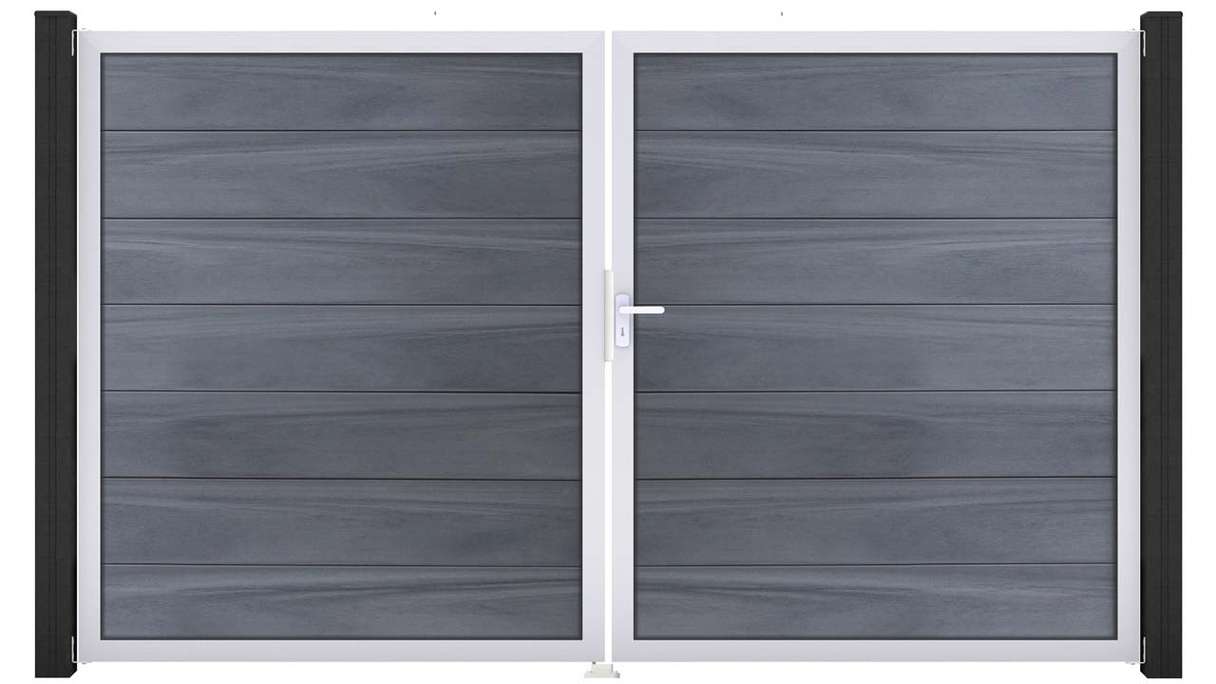 planeo Gardence Strong XL - BPC-Tor - DIN Rechts 2-flügelig Steingrau co-ex mit Silber-Alurahmen