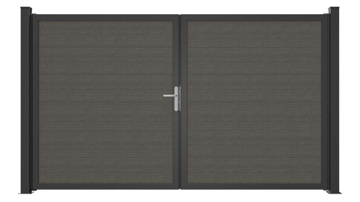 planeo Gardence Simply Guard - Portail en PVC - À deux vantaux, modèle « Grey Ash Cut » avec cadre en aluminium, 300 x 180 cm