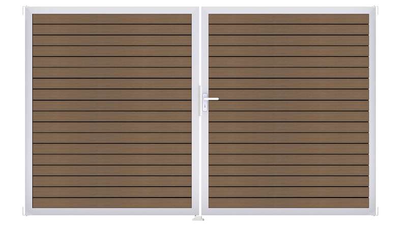 planeo Gardence Trendy - BPC-Rhombus-Tor - DIN Rechts 2-flügelig Teak co-ex mit Silber-Alurahmen | EV1