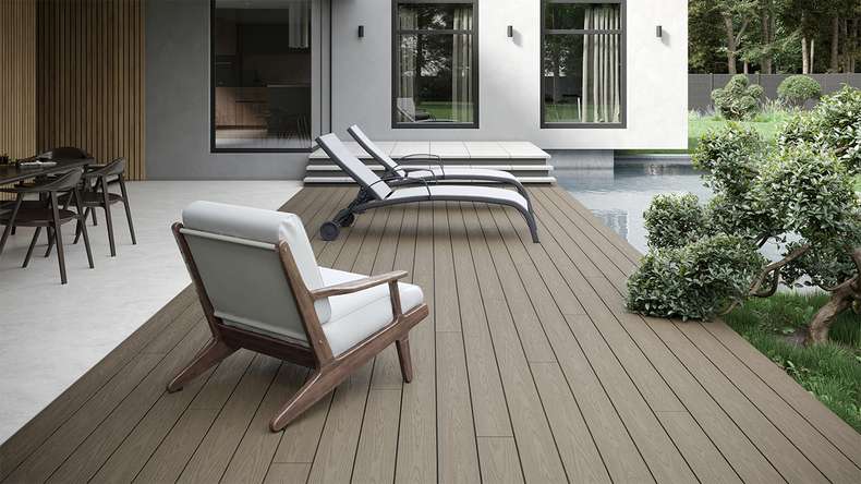 planeo CoEXWood Lame de terrasse WPC massif enrobé - gris/ciment 4.8m structuré